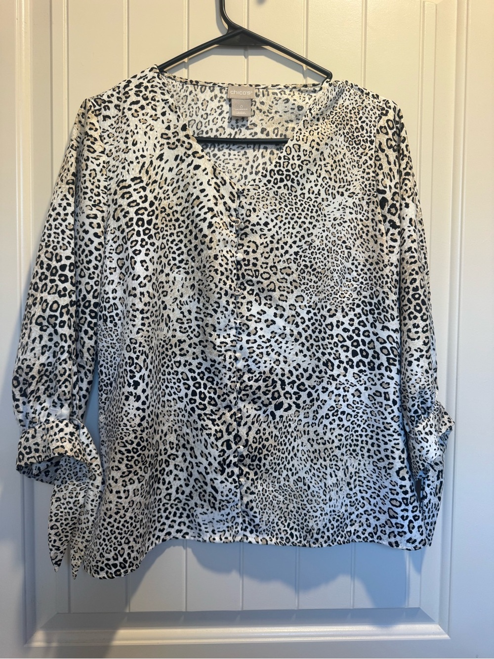 Chico's White and Black Leopard-Print V-Neck Button Blouse